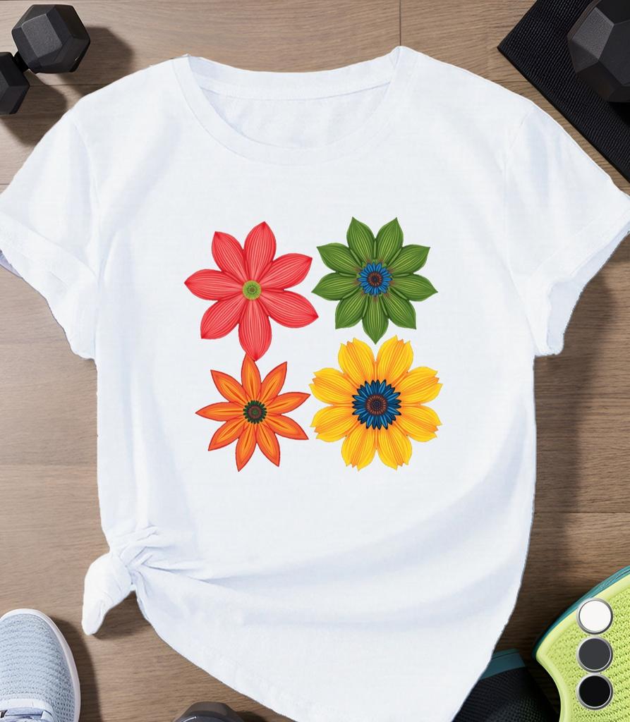 Womens Top Short Sleeved Round Neck Casual Womens Summer Clothing Four Colorful Flowers Creatively Printed Summer New