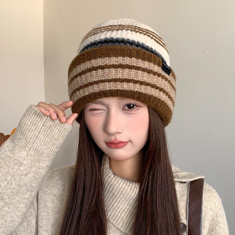 Striped Wool Women's Autumn and Winter Korean Style Warm and Versatile Large Head Circumference Pullover Hat Showing Face Small Knitted Hat