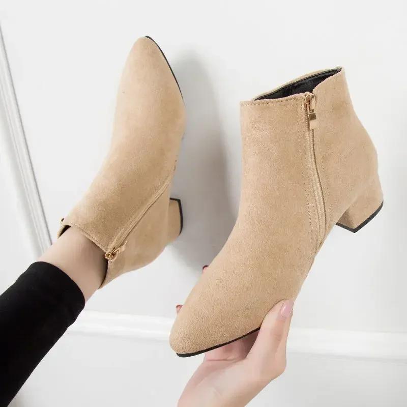 Women Boots Quality Leather Short Boots Temperament Pointe Women Ankle Boot Fashion Suede Casual Boots for Women Bottines Femmes