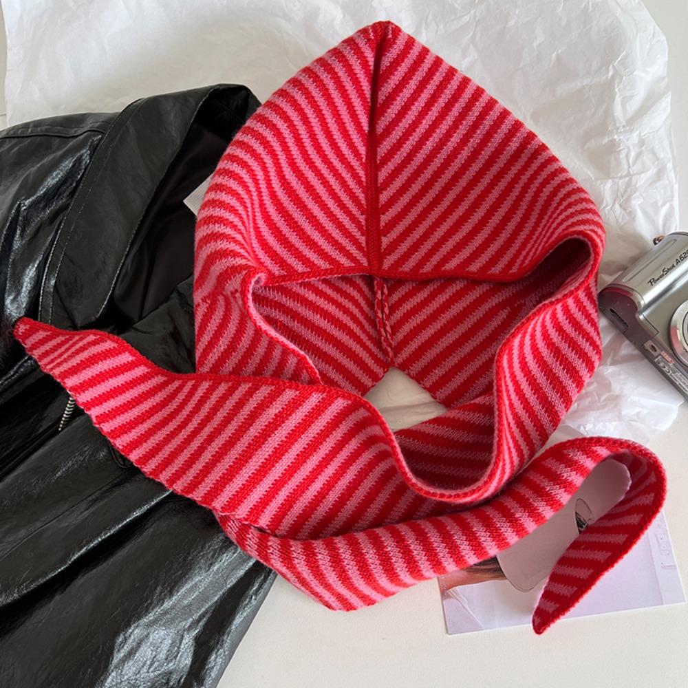 

Neckerchief Knitted Beanies Hat Ear Protection Girls Hooded Scarf Fashion Striped Balaclava Hat красный