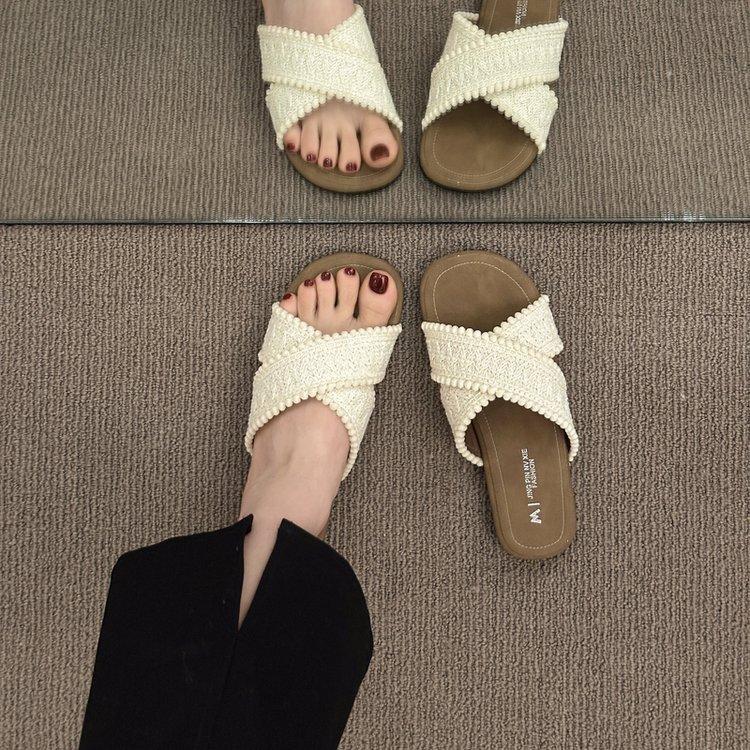 Ethnic Cool Slippers 2025 New Summer Vintage Woven Cross Bohemian Student Flat Bottom Flip