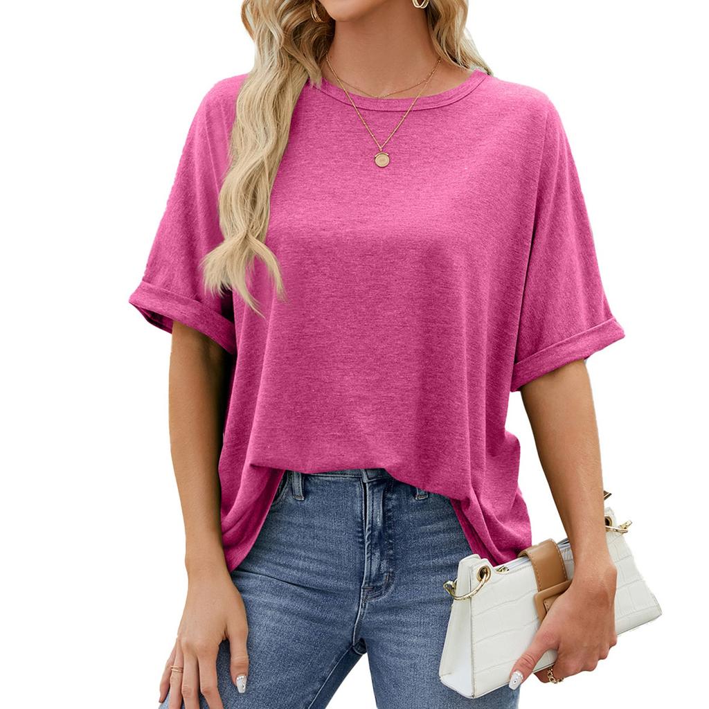 Women's Summer Solid Color Round Neck Large Size Loose Short Sleeve T-Shirt Solid Color Tops