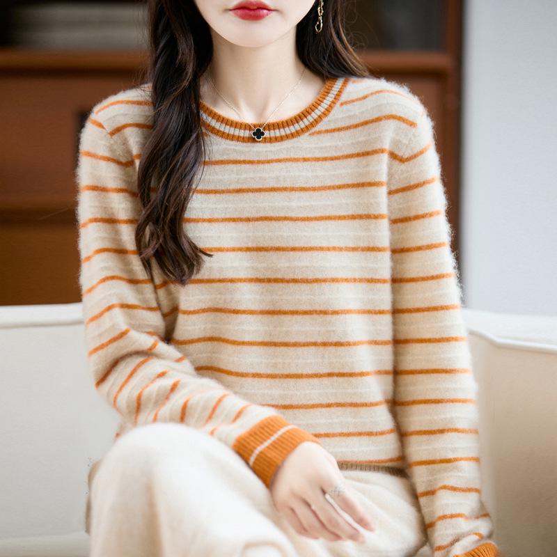 Women's French Retro Striped Wool Sweater - Slim Fit Autumn/Winter Knit Top