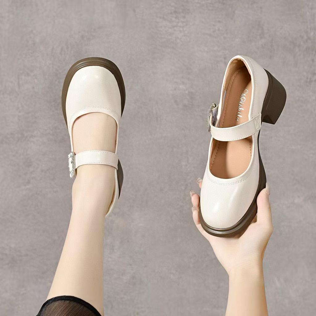 Round Head Mary Jane Shoes Velcro Buckle Women's Shoes Cow Patent Leather Square Buckle College Style Black Thick Heel Small Leather Shoes