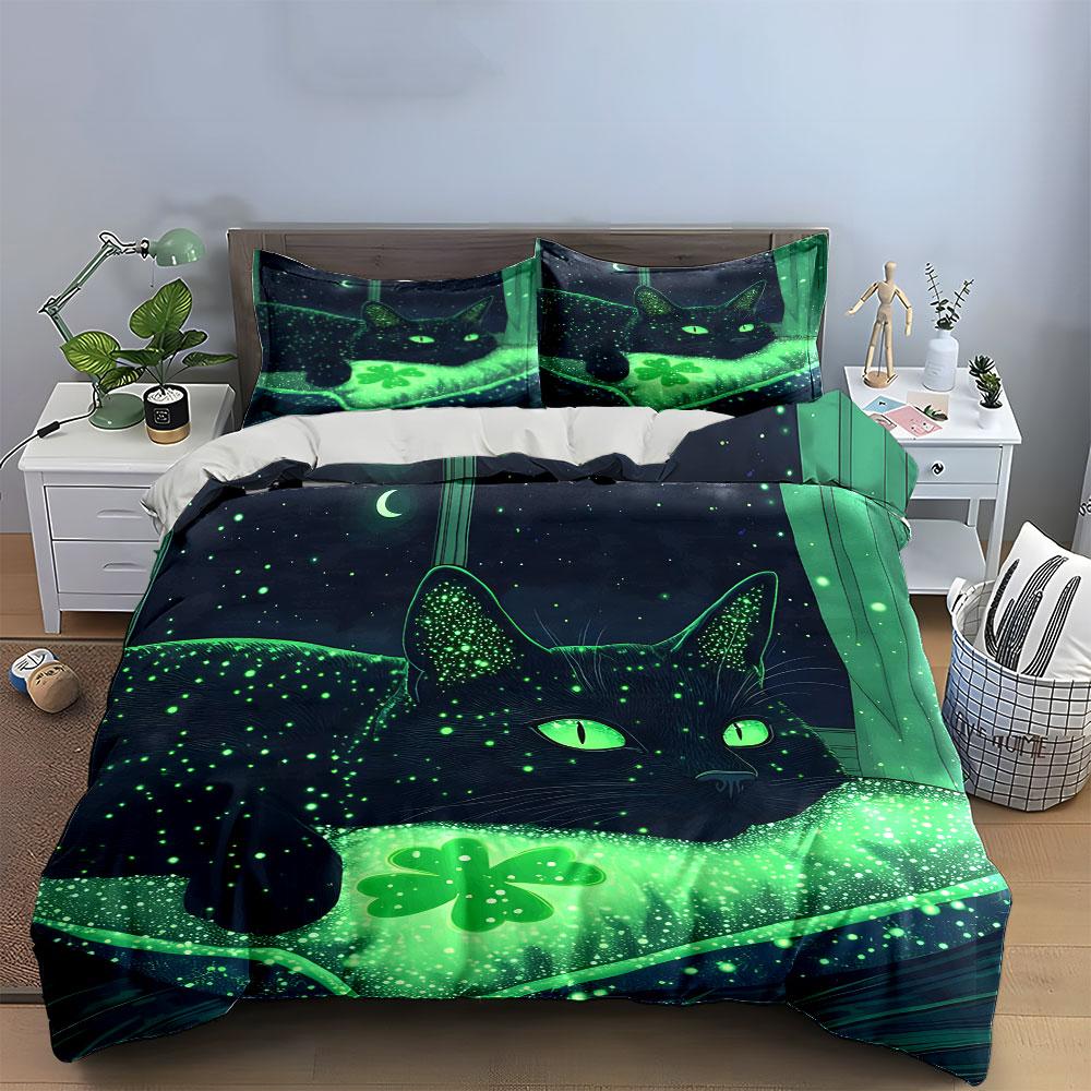 Glowing Black Cat with Clover Bedding Duvet Cover Set (1*Duvet Cover 2*Pillowcases, Without Duvet Insert)