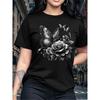 Womens White Light Grey Rose Butterfly Print Tee Round Neck Short Sleeve Breathable Elegant Floral No Padding Spring Summer Casual Top Birthday