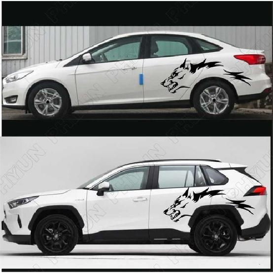 2pcs Black Car Body Side Door Stickers Running Wolf Totem Vinyl Decals Universal