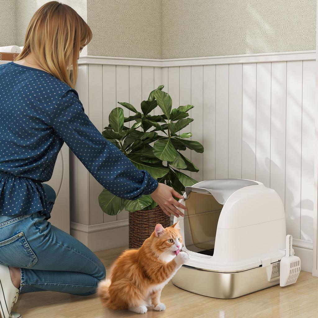 Litière pour Chat en Acier Inoxydable avec Couvercle, pour Chats, Litière Fermée pour Chat avec Couvercle à Rabat, Pelle