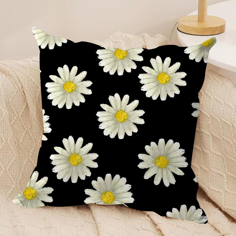 Classic Black Daisy Cushion Cover Short Plush Doublesided Print Square Throw Pillow Covers Sofa Home Cushion Decor