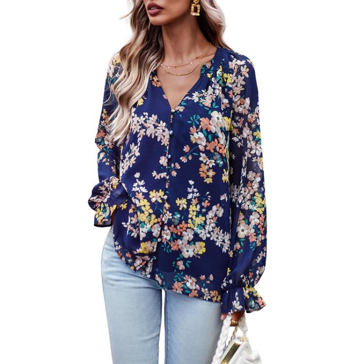 Elegant Women Autumn Floral Blouse Button Tops Shirt V Neck Lantern Sleeve