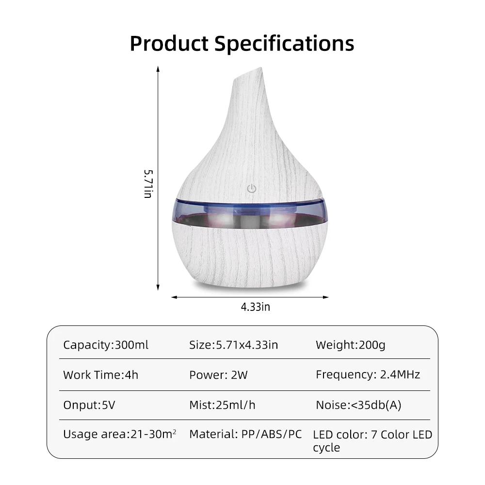 300ml Wood Grain Humidifier Diffuser USB, Essential Oil, 2 Aroma Oils