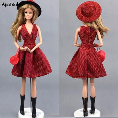 Doll Dress For Barbie Doll Clothes Outfit V Neck Party Gown For Barbie Dollhouse Hat Handbag Shoes Boot 1/6 Doll Accessories Kid