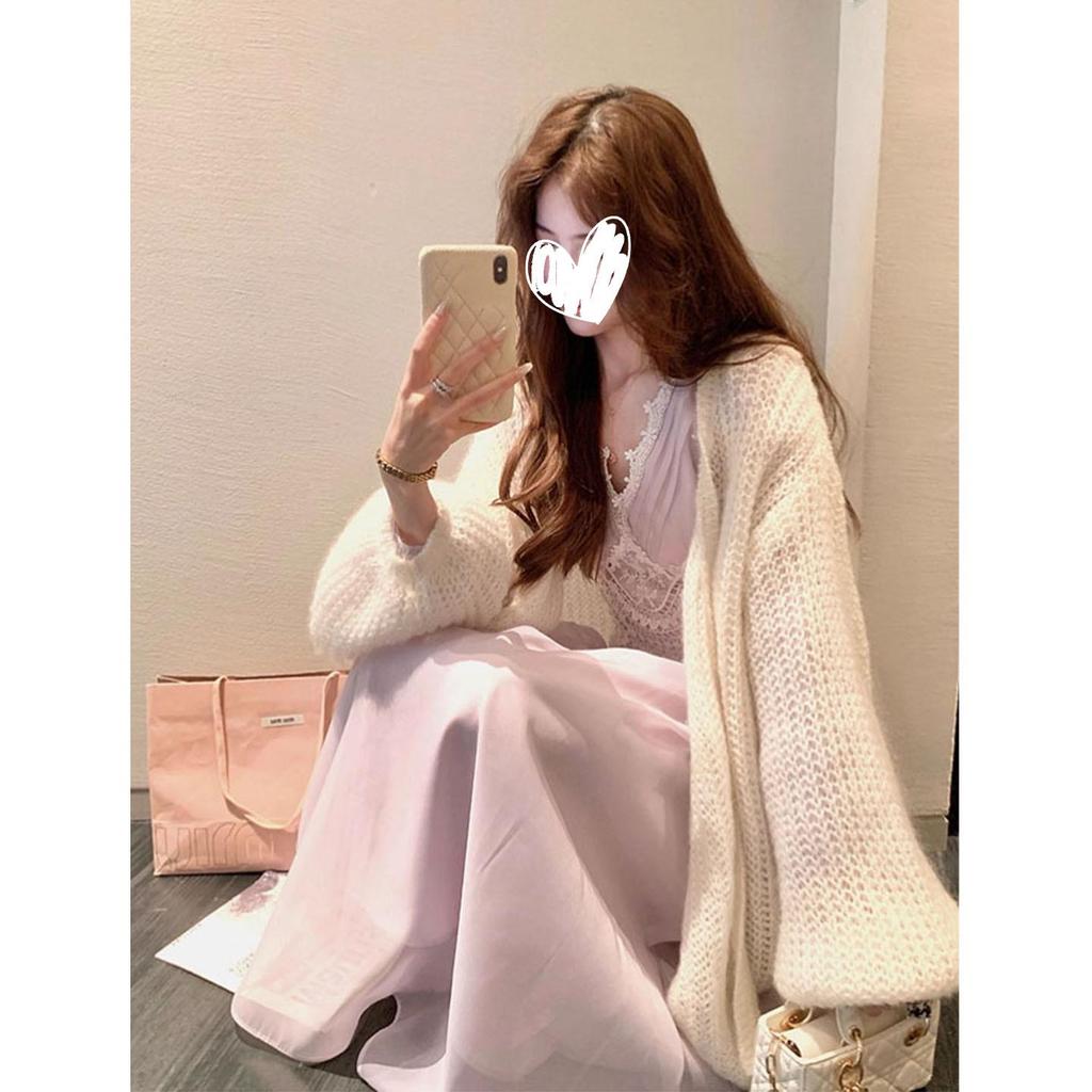 2025 French Lace V-neck Long Sleeve Cardigan & Early Autumn Maxi Skirt Set for Women