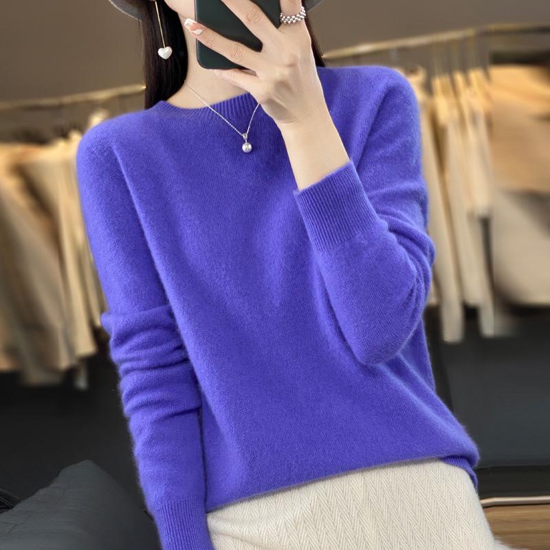 Women's Round Neck Wool Knit Sweater - Simple, Versatile, Long Sleeve Base Layer