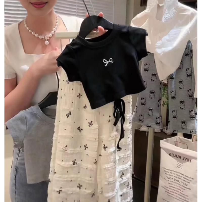 Girls Summer Blouse Sets Bow Tops Baby Short Sleeve T-Shirt + Pants 2 Piece Suits Sweet Casual Kids