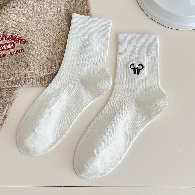 

Белые носки, однотонные хлопковые носки, женские осенне-зимние носки до середины икры, носки без косточек в балетном стиле с бантом и жемчугом 1 pair белый
