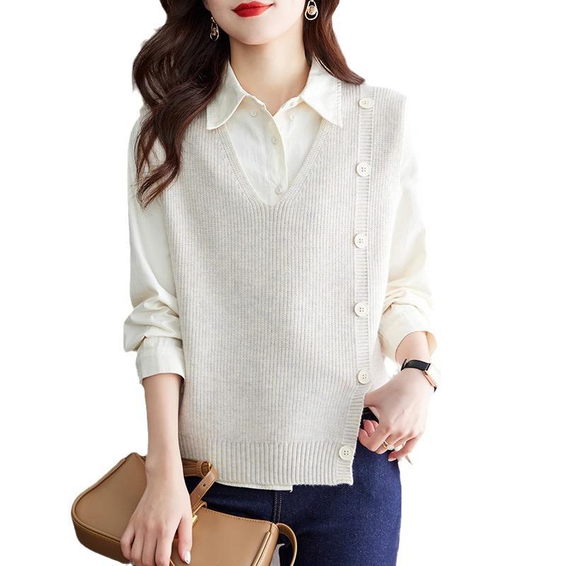 

Вязаный жилет жилет осенний костюм женский новый дизайн V-образный вырез пуговицы свободный внутренний топ с зажимом для лошади One size