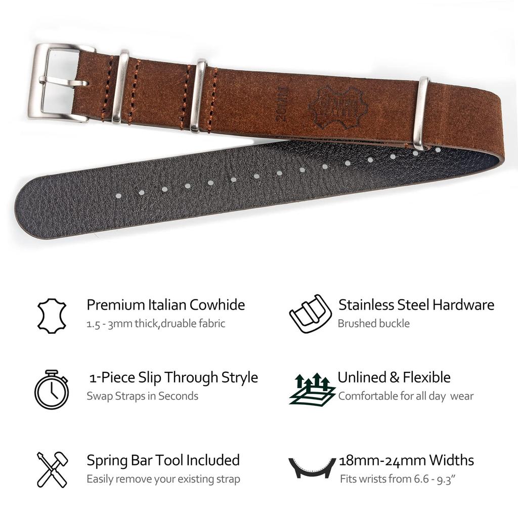 Torbollo Watch Strap, Soft Vintage Suede Leather Watch Band, 4 Retro Colors, 18/20/22mm, 1.5mm Thick, Fits Wrist Sizes 6.7-9.5 Inches