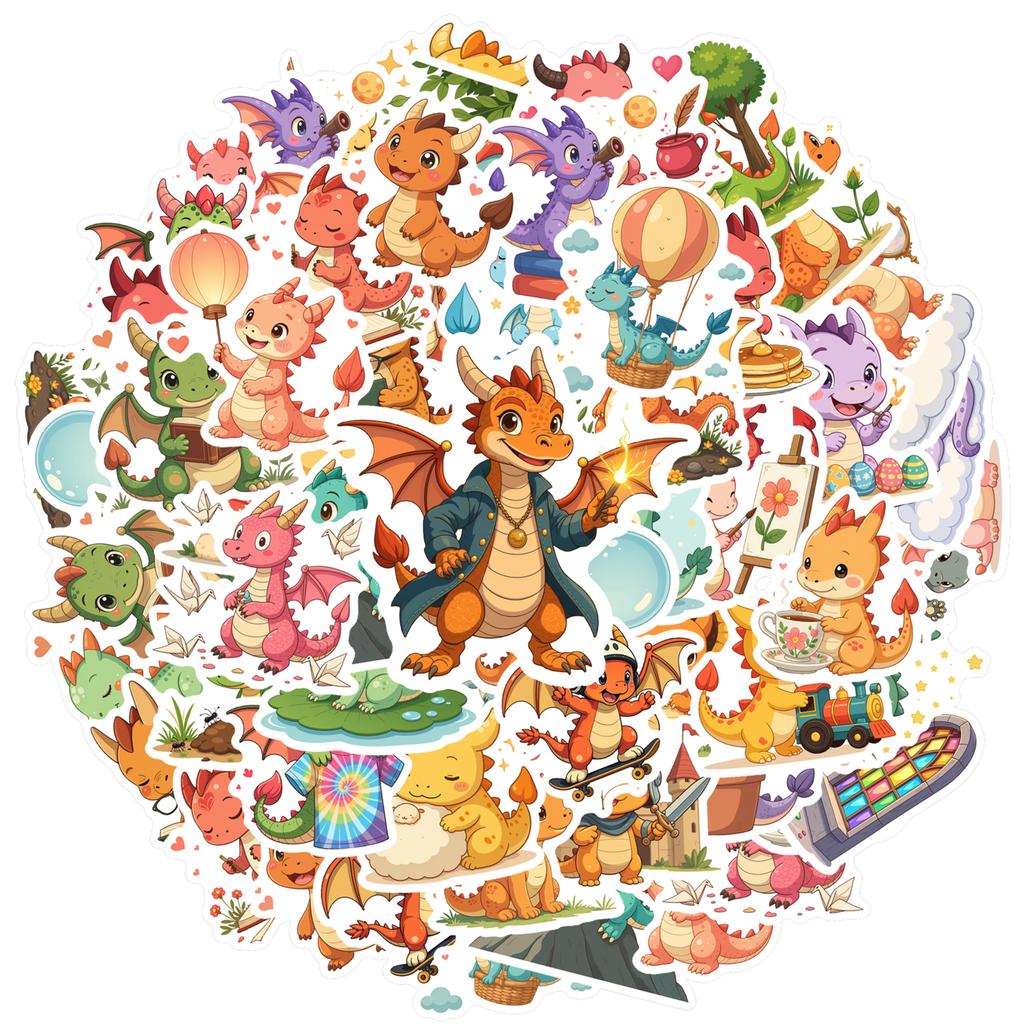 35pcs-70pcs Whimsical Fantasy World Stickers Playful Cute Dragons Stickers Stationery Stickers For Guitar DIY Bicycle