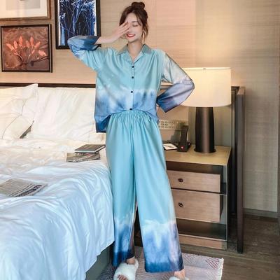 Silk Women's Spring Autumn Pajama Suit Long Sleeve Gradient Color Female Pijama Set 2 Pcs with Long Pants Sleepwear for Mujer