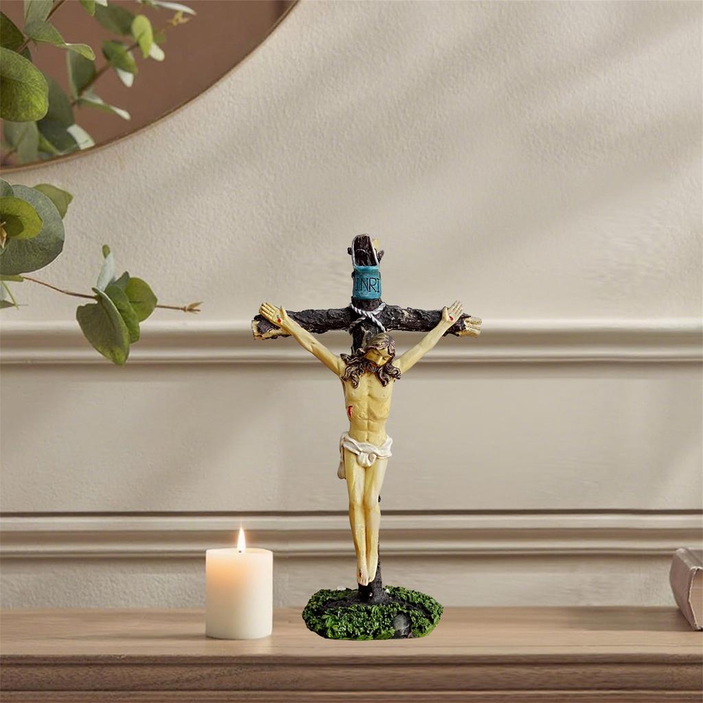 7.28-inch Tall Standing Cross With Moss Base Standing Figure Sculpture Resin Ornament