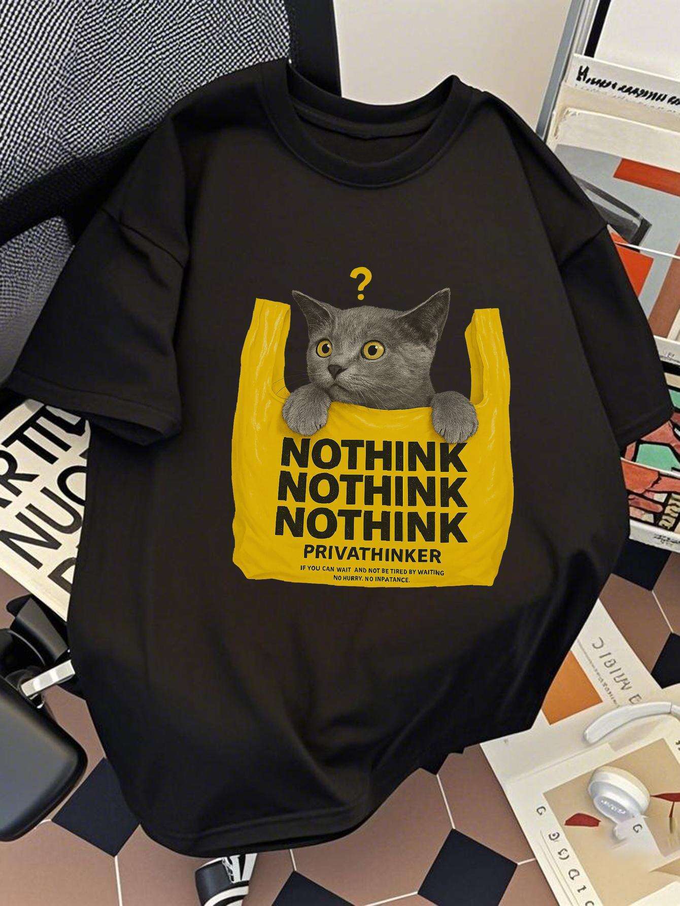 

PRIVATHINKER Graphic Print Summer Breathable Fit Tee with Cat NOTHINK NOTHINK Print Aesthetic Clothes Men Women Clothes S