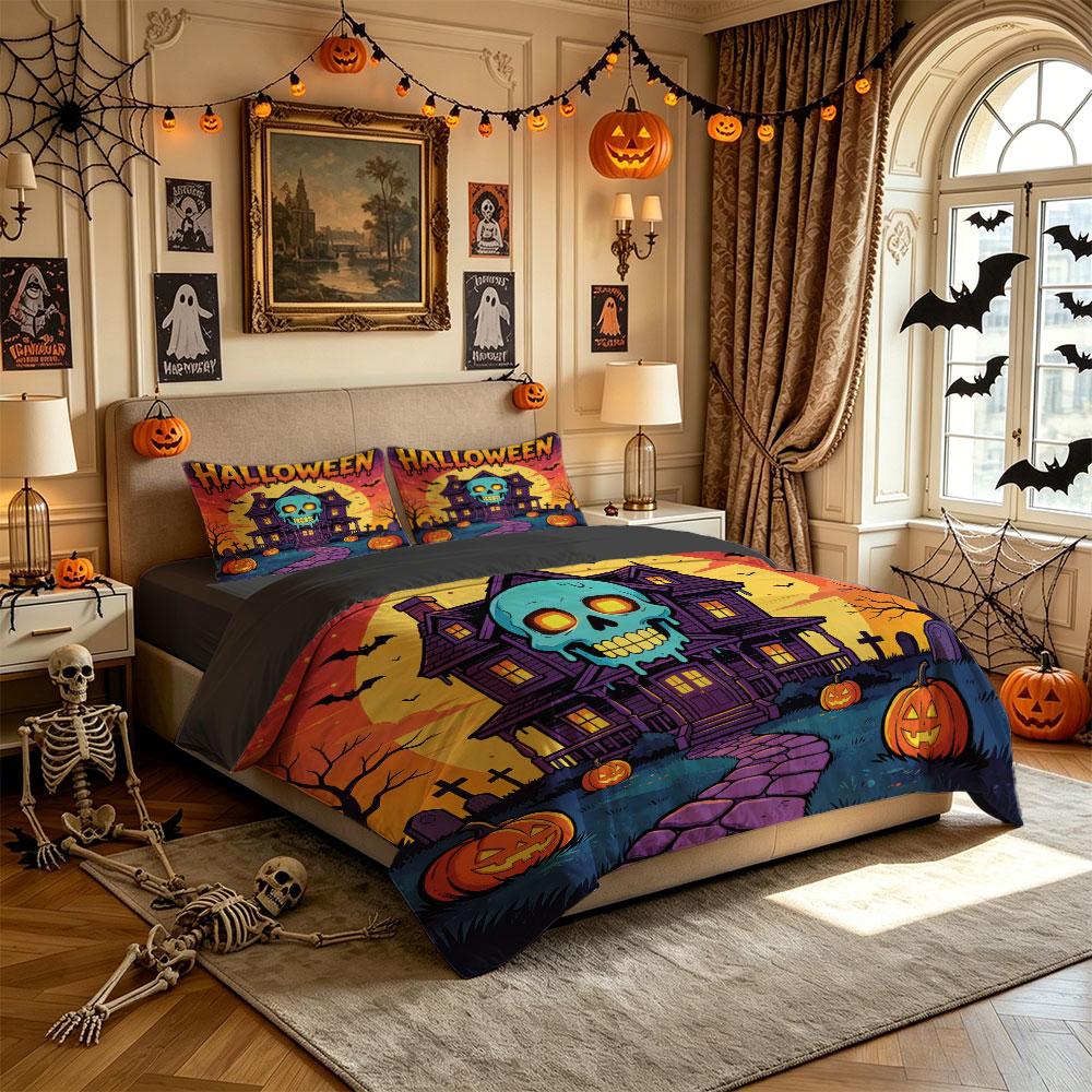 Halloween Haunted House Blue Skull Pumpkin 3Pcs Duvet Cover Set Scary Gothic Spooky Bedroom Bedding Set