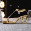 Mode Sexy Gold Offene Zehen T-Riemen Sandalen Damen Mode Knöchelriemen Schnalle Pantoletten Luxus Quadratischer Absatz Bankett Marke Designer Schuh