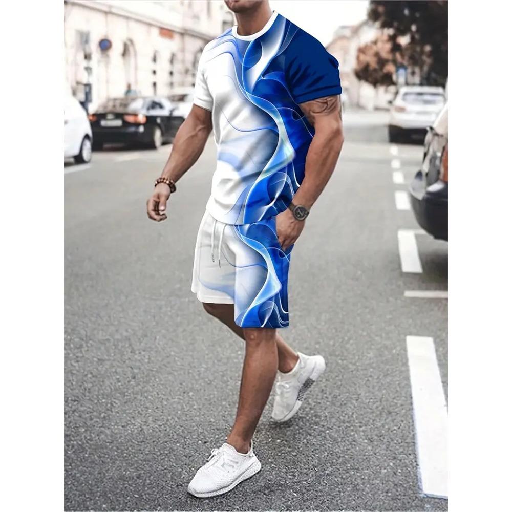 New Gradient Texture T-Shirt Men's Two-Piece Summer New Shorts Suit Fashion 3D Printing Street Casual Sportswear Men's Models
