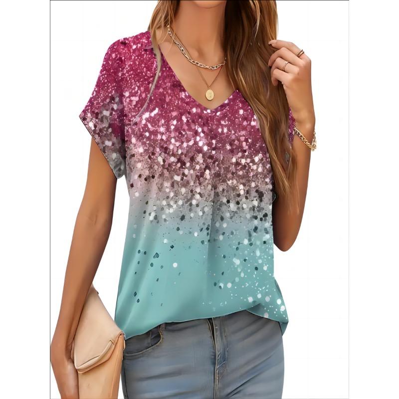 2026 New Summer Women T-shirt 3d Fashion Print Gradient Harajuku T Shirt Oversized Tee For Ladies Clothing New Short Sleeve V-Ne