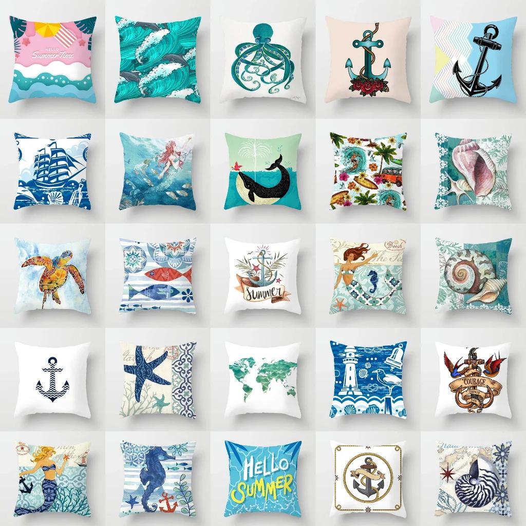 45X45CM Retro Mediterraner Ozean Druck Blau Grün Kissenbezug Heiß Meerjungfrau Fisch Kissenbezug Sofa Sitz Wohnzimmer Dekokissen