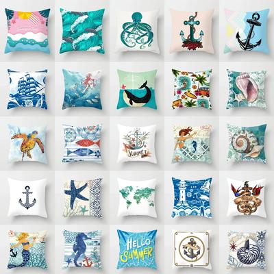 45X45CM Retro Mediterraner Ozean Druck Blau Grün Kissenbezug Heiß Meerjungfrau Fisch Kissenbezug Sofa Sitz Wohnzimmer Dekokissen