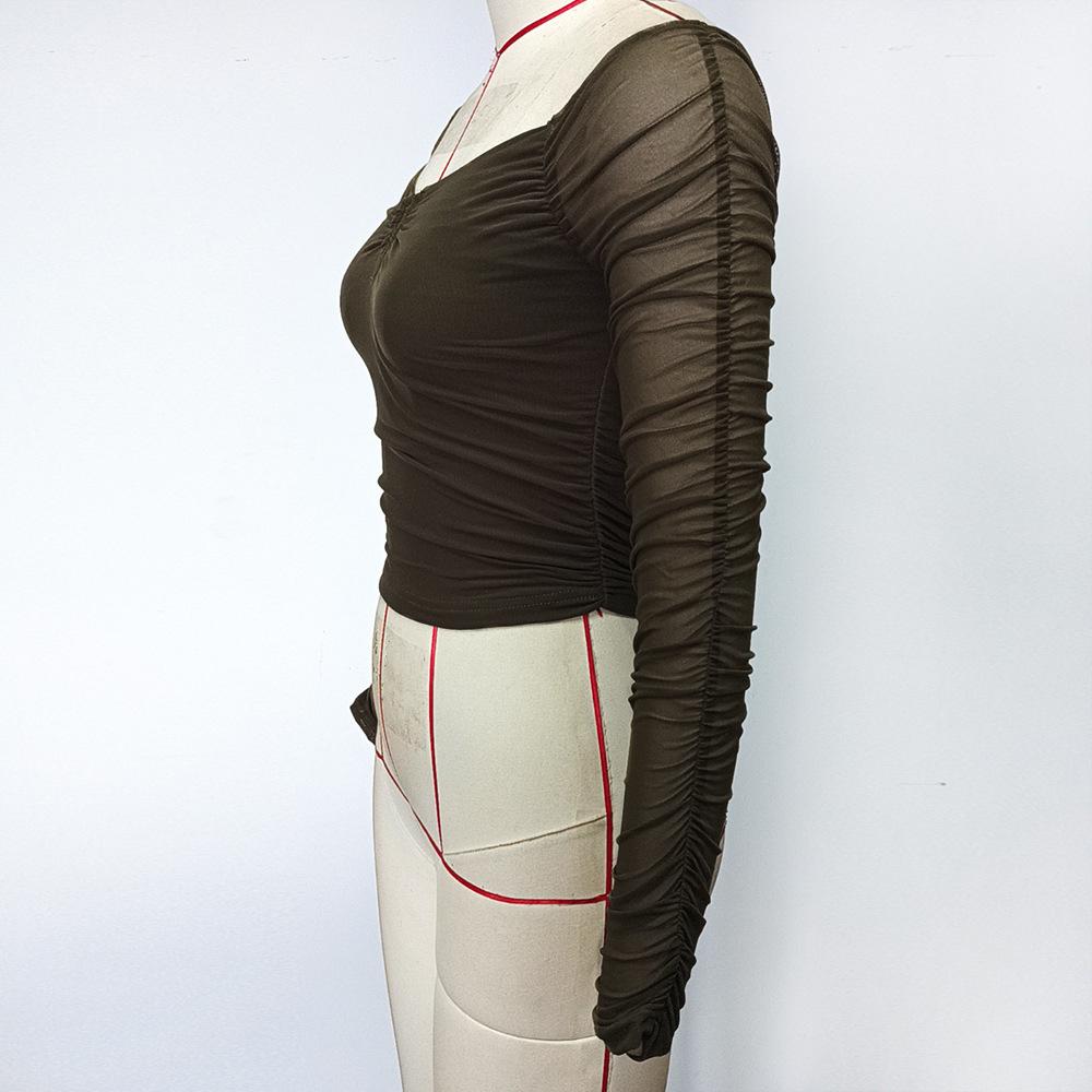 Spring and Autumn Women's Neckline Short Slim Mesh Long Sleeve Top