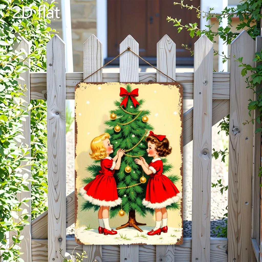 Weihnachts-Blechschild 2D Flache Wanddeko Metallplatte Hängendes Ornament Mädchen
