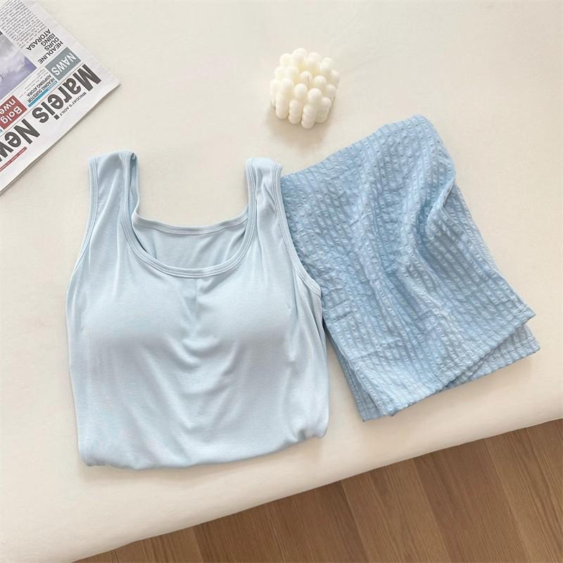 Women's Summer Padded Strappy Camisole and Pants Pajama Set - Imitation Cotton Cloud Lapel