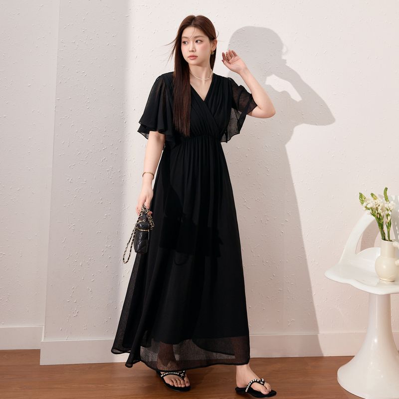 

Lan Yu Plus size women clothing Hepburn Style V-neck Chiffon Scratch Flower Dress 2025 Summer Tight Waist Slimming Temperament A- line Skirt Black In Stock L([Recommended 55.00 kg-62.50 kg]])