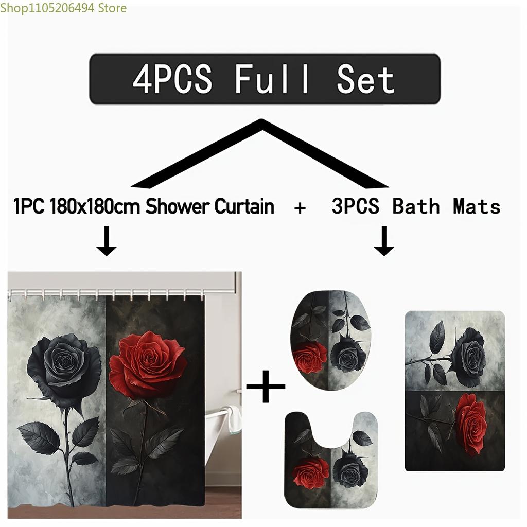 1/3/4 Stück Schwarze und Rote Rosen Duschvorhang, Badezimmerdekoration, Duschvorhang-Set Enthält Badezimmerteppich, U-förmigen Teppich, Toilettendeckel