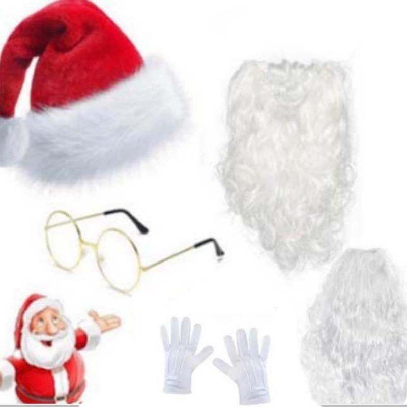 6pcs/set  Red Flannel Santa Hat Costume Set with White Beard Glasses Gloves Christmas Party Outfit Xmas Decoration Gift