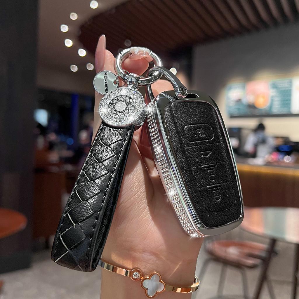 Compatible with Toyota Key Fob Cover with Keychain, Pink Genuine Leather Crystal Key Case Protection Shell for 2018-2022 Camry R