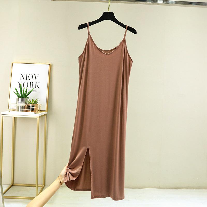 Korean Style Women's Modal Slimming V-Neck Spaghetti Strap Dress with Slit, Plus Size – Spring/Summer Collection