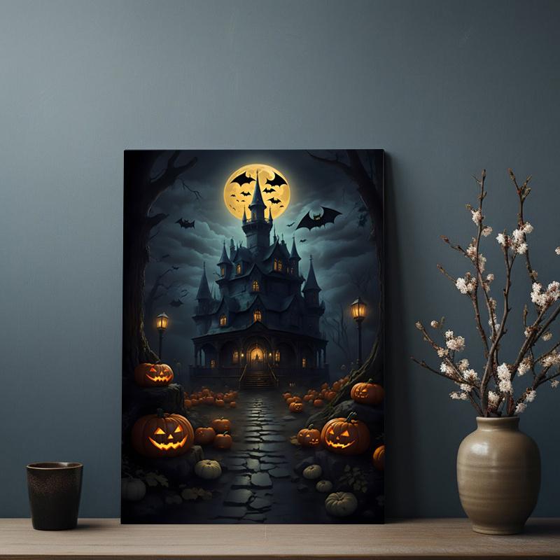 Framed Halloween Ghost Pumpkin Wrap Canvas Printed Poster Including Hanging Hardware Perfect Gift and Home Decor