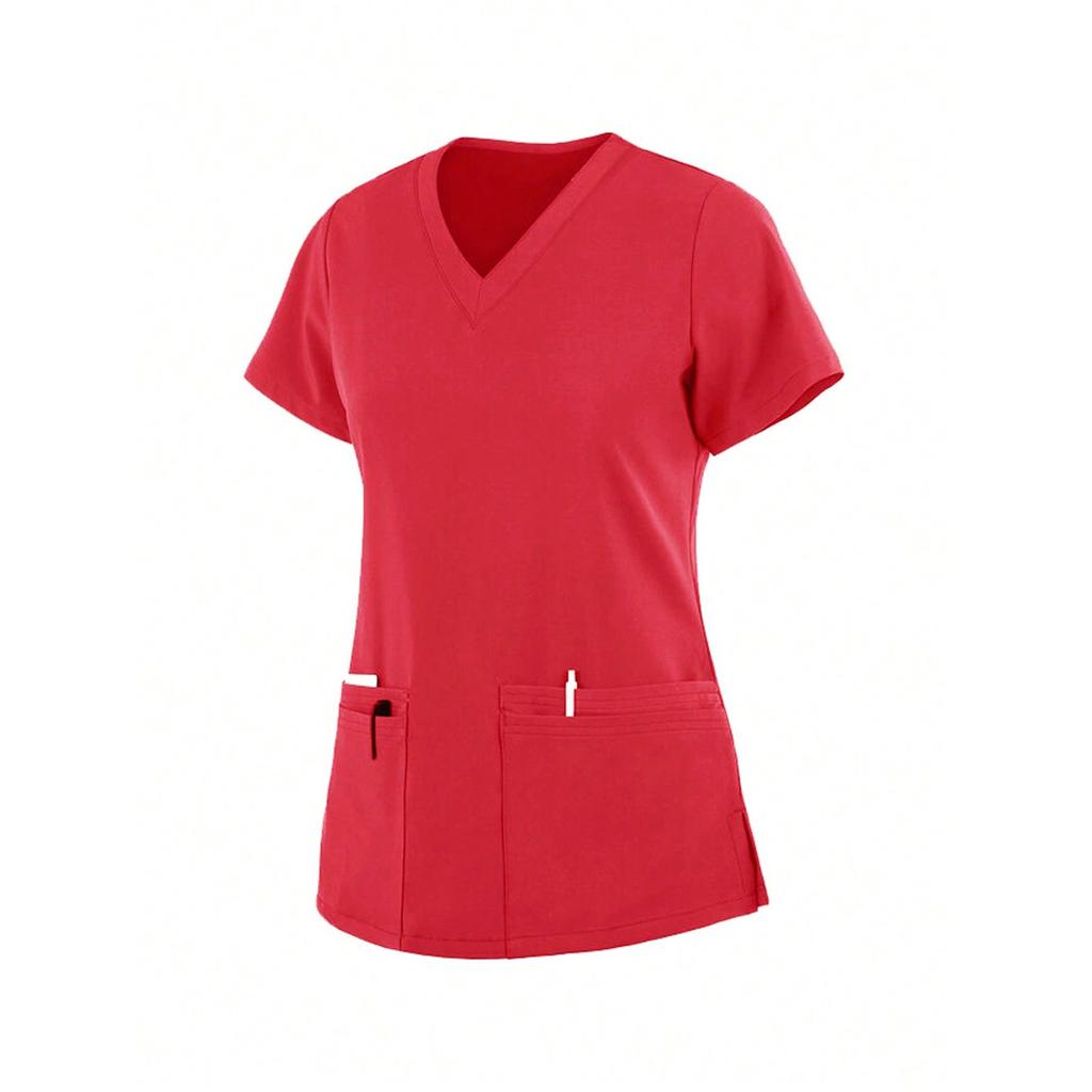 Women's Short Sleeved Solid Color V-Neck Pocket Top Pants Work Clothes Two-Piece Set