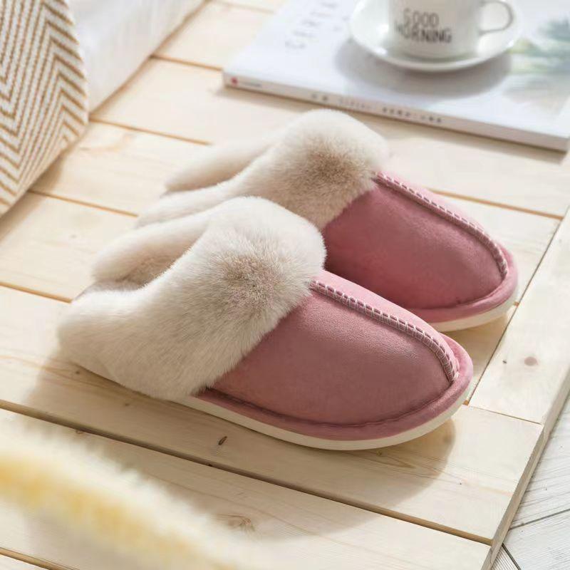 Faux Suede Home Women Full Fur Slippers Winter Warm Plush Bedroom Non-Slip Couples Shoes Indoor Ladies Furry Slippers