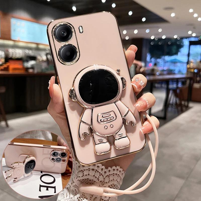 

М який силіконовий протиударний чохол для POCO X7 Pro X7Pro гальванічний чохол з мультяшним астронавтом зі шнурком для Redmi Note 14Pro Plus For Redmi Note 14 5G рожевий