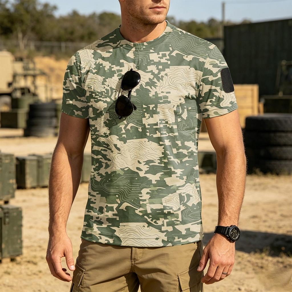Men's Tactical Outdoor Quick-Dry T-Shirt with Velcro Patch Area Loose Fit Breathable Round Neck Camouflage Print