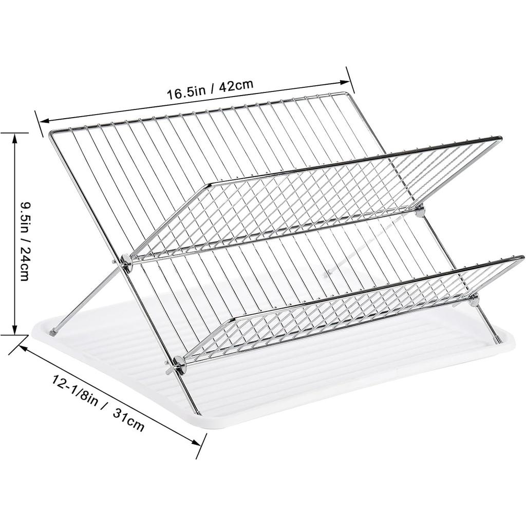 Foldable Dish Drying Rack with Drip Tray, Stainless Steel 2 Tier Dish Drainer Rack, Collapsible Dish Drainer, Folding Dish Rack