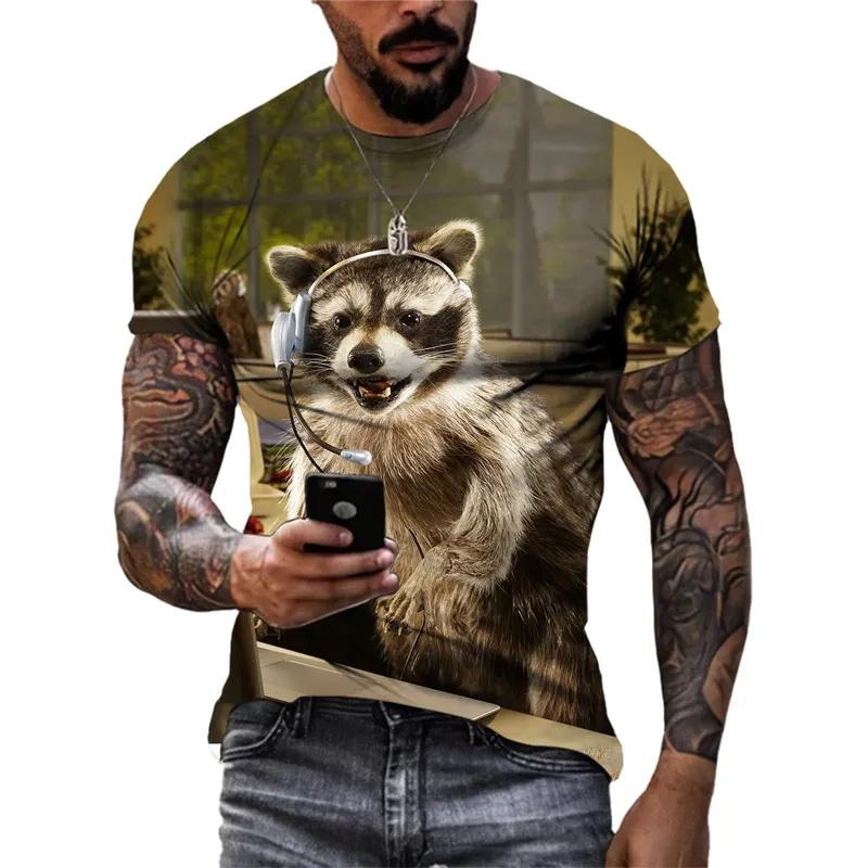 3D Printed Funny Raccoon T Shirt For Men Cute Animal Pattern T-Shirts Summer Fashion Casual Round Neck Tees Loose Short Sleeves