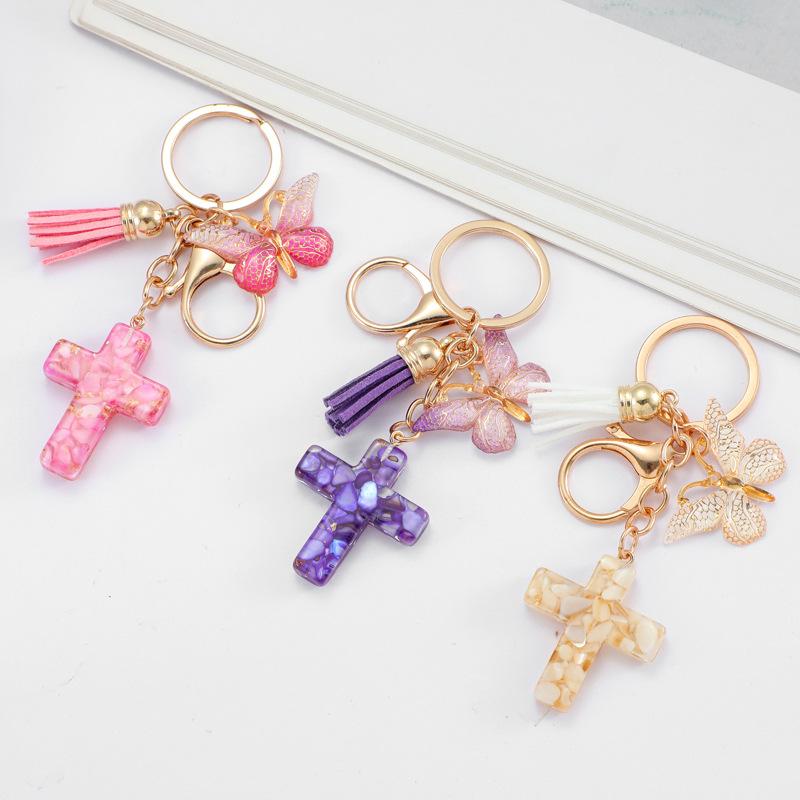 Resin Cross Keychain Butterfly Tassel Stone Cross Pendant Classic Retro Durable Key Ring Creative Gift And Practical Bag Accessory