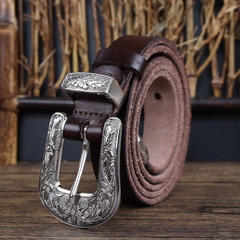 

Модный выгравированный ремень из коровьей кожи с двойной пряжкой из европейского и американского веера, повседневный декоративный женский черный ремень 120cm темно-коричневого