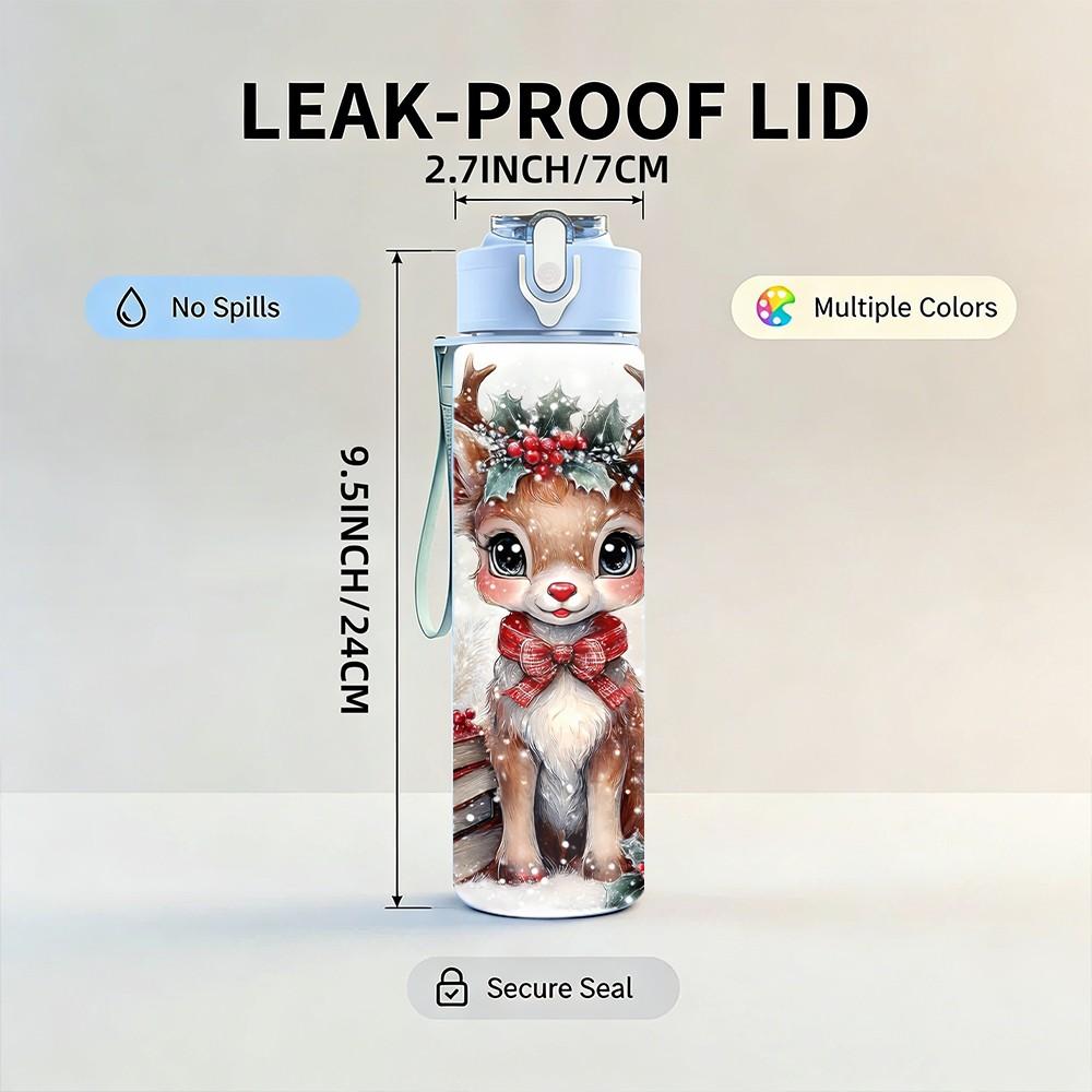 1PC Christmas Deer Snow Winter Animal Art 750ml Color Plastic Sports Water Bottle Leakproof Flip Straw Lid Suitable for Sports Office Home Use